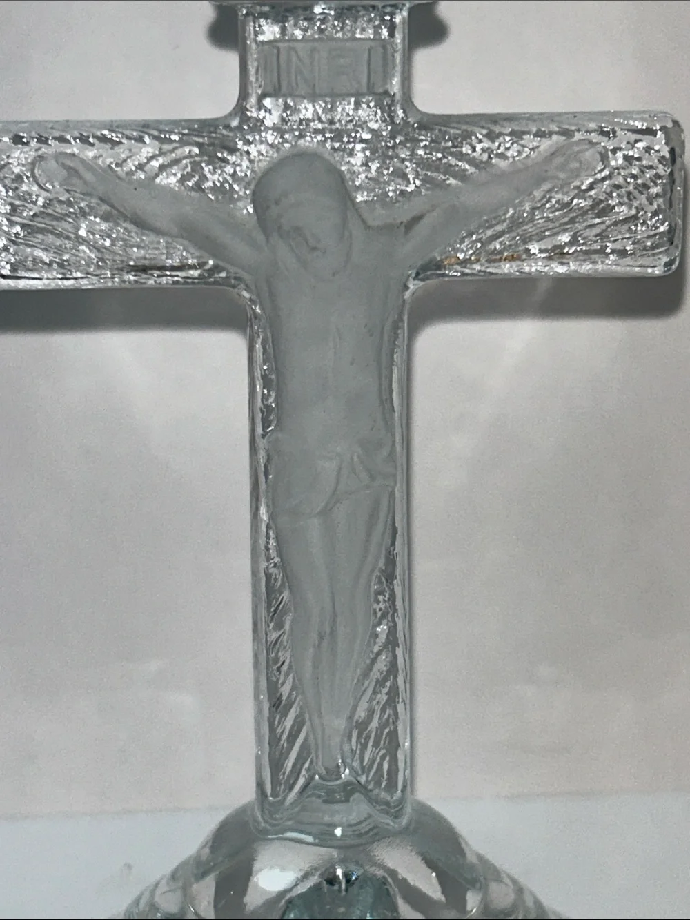 Vintage INRI Clear Glass Crucifix Jesus Christ Cross Candle Holder
